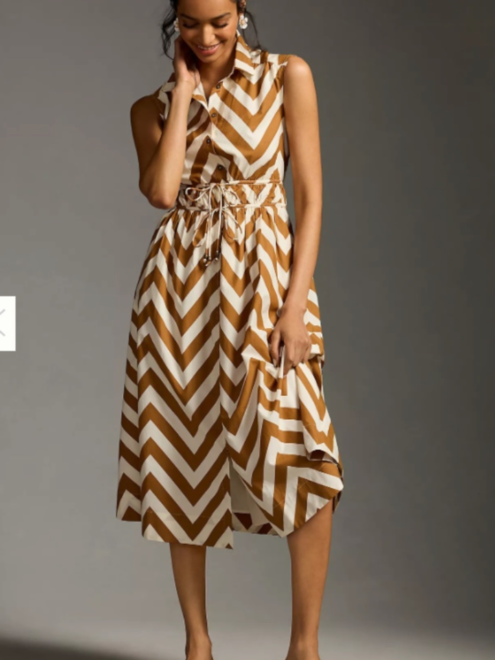 Anthropologie | Maeve Chevon Button Front Sleeveless Shirt Dress Cream and Taupe